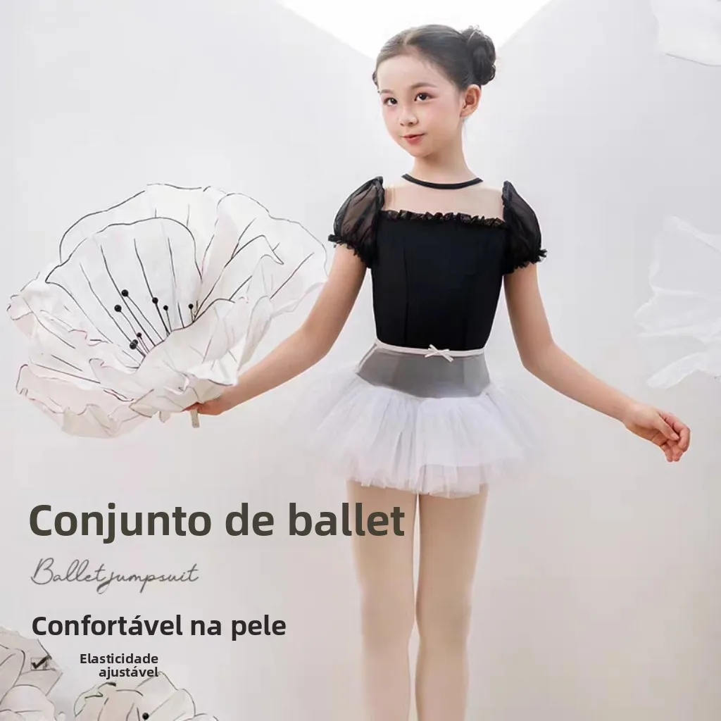 新しいバレエワンピーススーツ半袖バブルスリーブダンスユニフォーム美術試験審美フォームフィット女の子用コットンモダンバレエ