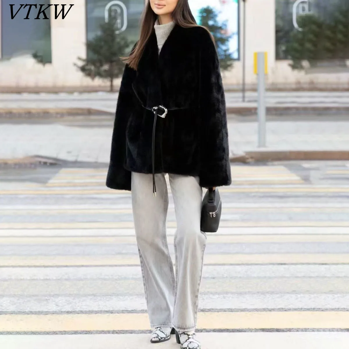

VTKW 2025 Fashion Women's Thick Fur Coat Winter Midi Slim-Fit Belted V-Neck Hidden-Button Elegant Designer Office Chic