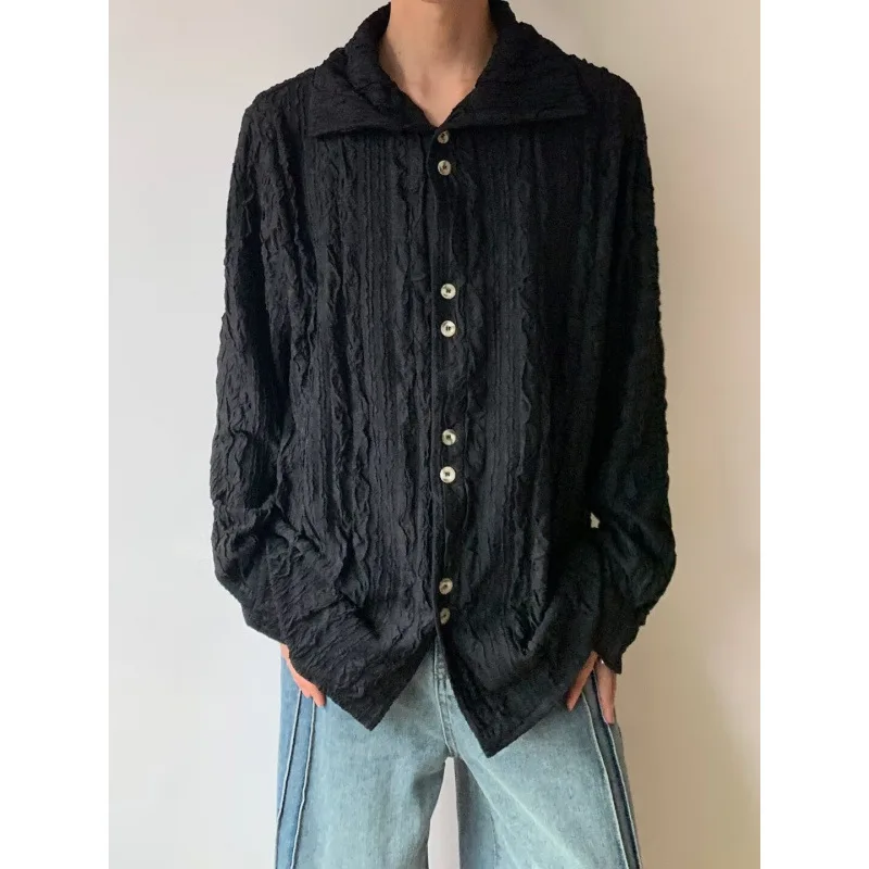 

Модные повседневные мужские жаккардовые рубашки с морщинистой текстурой, высоким воротником и длинным рукавом с французским воротником-стойкой, мужская одежда, уличная одежда