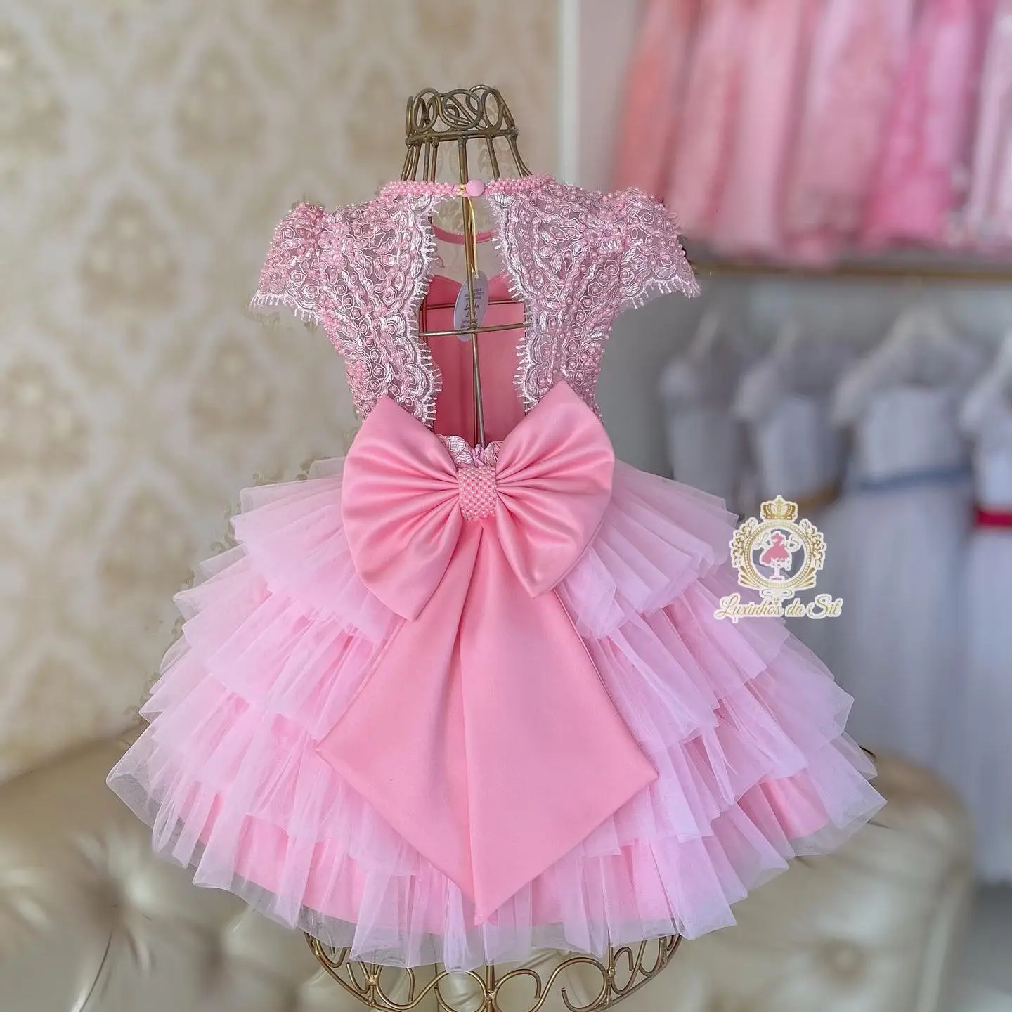 Cute Cake Pink Flower Girls Dresses For Weddings Beads Appliqued Birthday Children Tulle Dress Girl Pageant Gowns