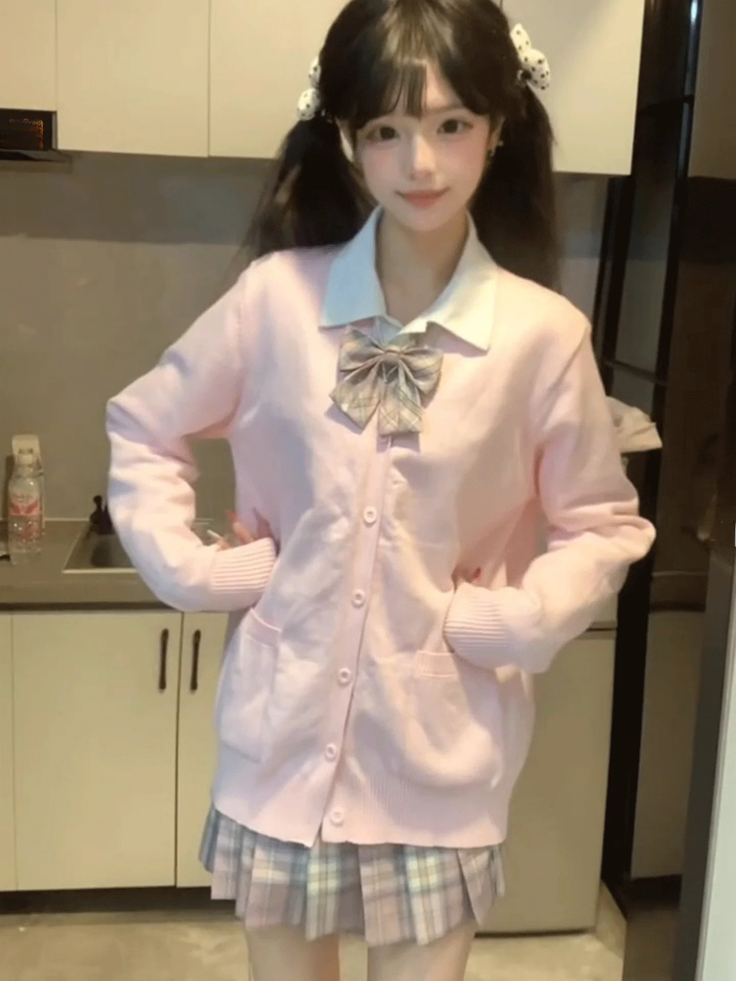 

Комплект: вязаный кардиган и свитер с молочным вишневым ароматом, женский, в японском стиле, для школы, удлиненный, с V-образным вырезом, на пуговицах