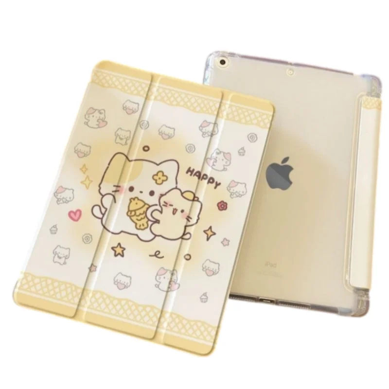 Cute Happy Cat Kitten Pen Slot Tablet Case For iPad 2026 Air 8 7 6 4 3 2 1 Pro 2024 11in 12th 11 10 9 8 7 6 5th Cover