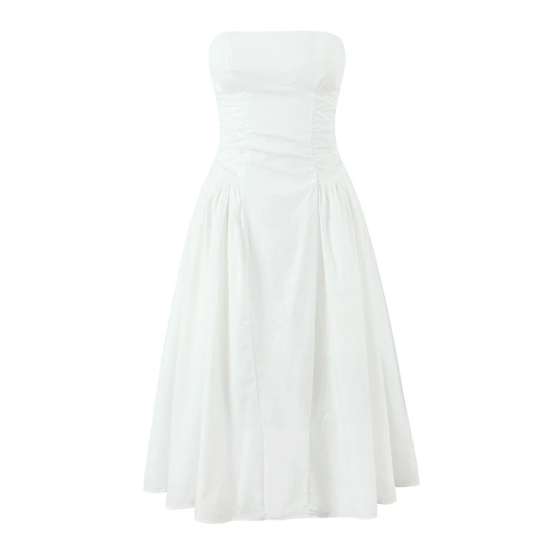 

Women Sexy Elegant White Strapless Dress Party Vestidos Female Low Waist Ruched Pleated Midi Robe