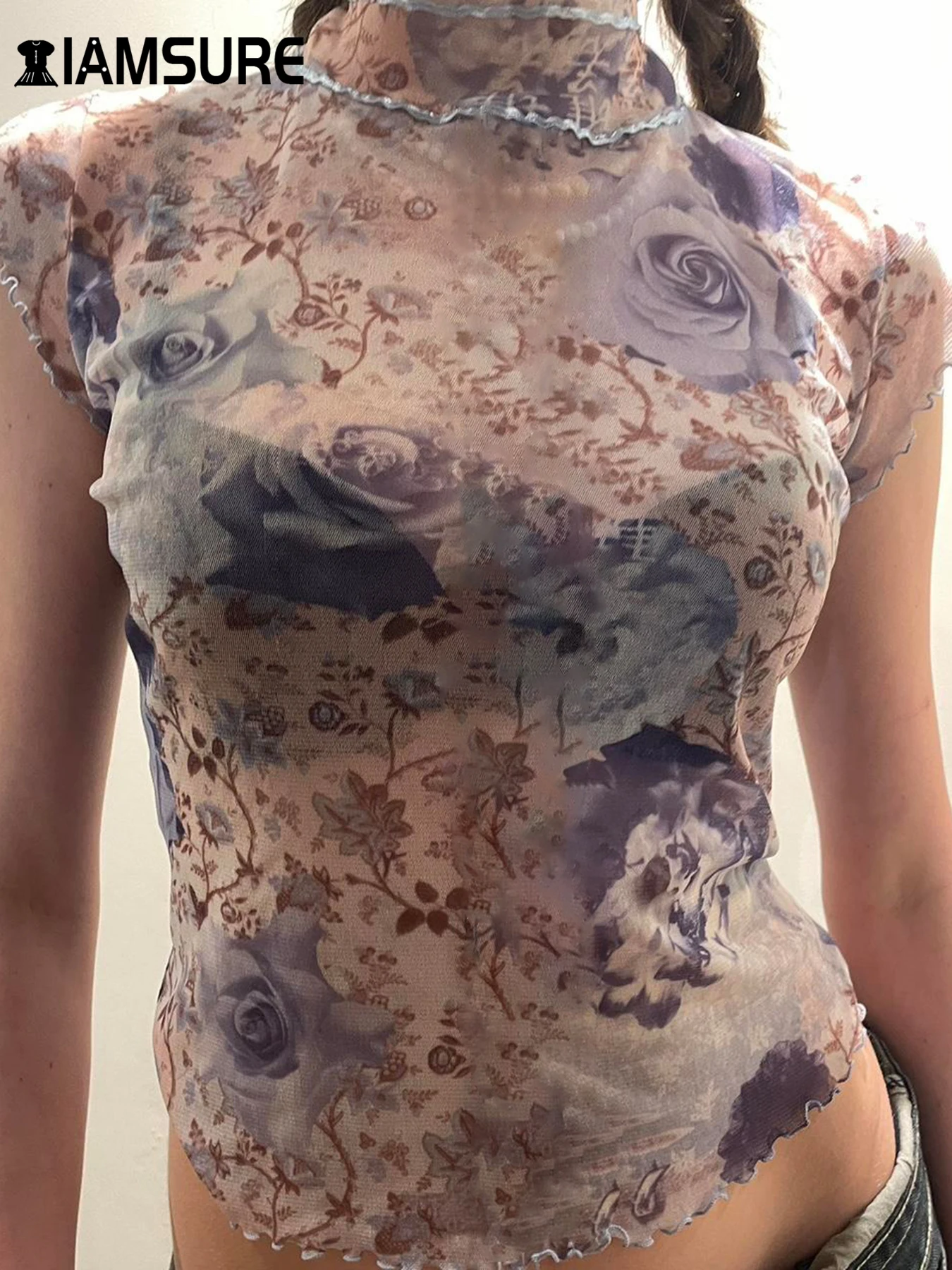

IAMSURE Vintage Printed Mesh Cropped T Shirt See Through Turtleneck Short Sleeve Tees Women 2024 Summer Fashion Strreetwear Lady