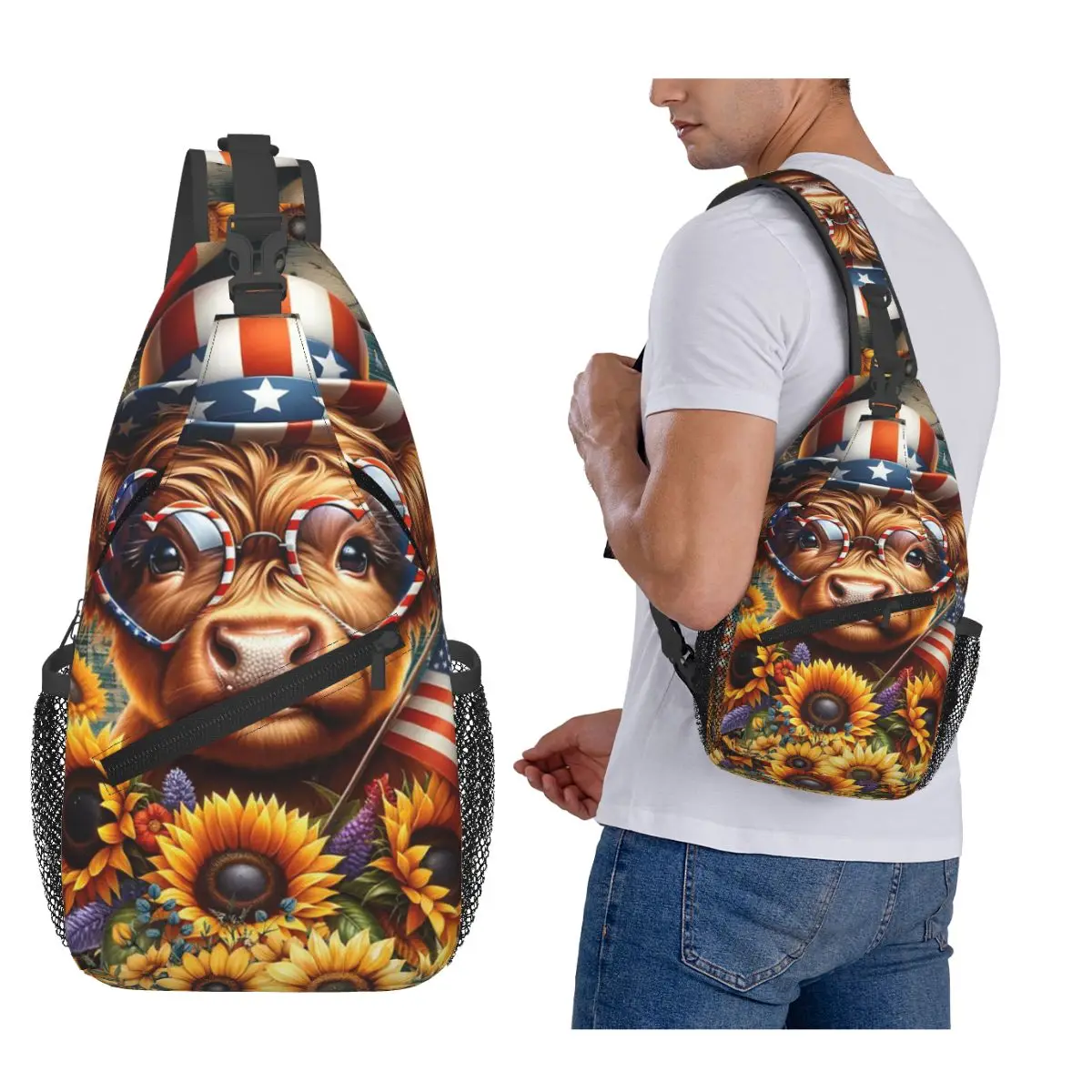 

Нагрудная сумка Highland Cow And Flower, мужской рюкзак через плечо, нагрудная сумка, дорожный походный рюкзак, сумка на плечо