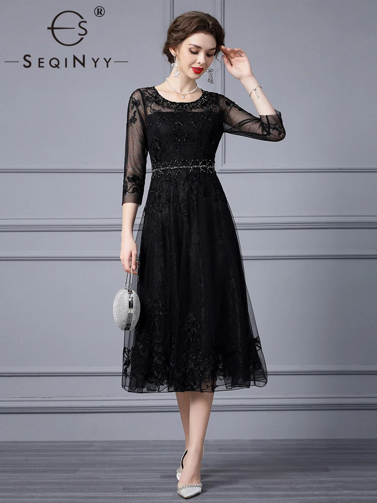 

SEQINYY Elegant Midi Dress Summer Spring New Fashion Design Women Runway Vintage Embroidery Flower Beading Mesh A-Line Party