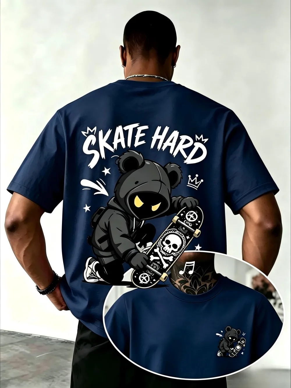 Trendy Men's Summer Skateboarding Teddy Bear Letter Printed Micro Elastic Breathable Round Neck T-shirt Outdoor Street Top