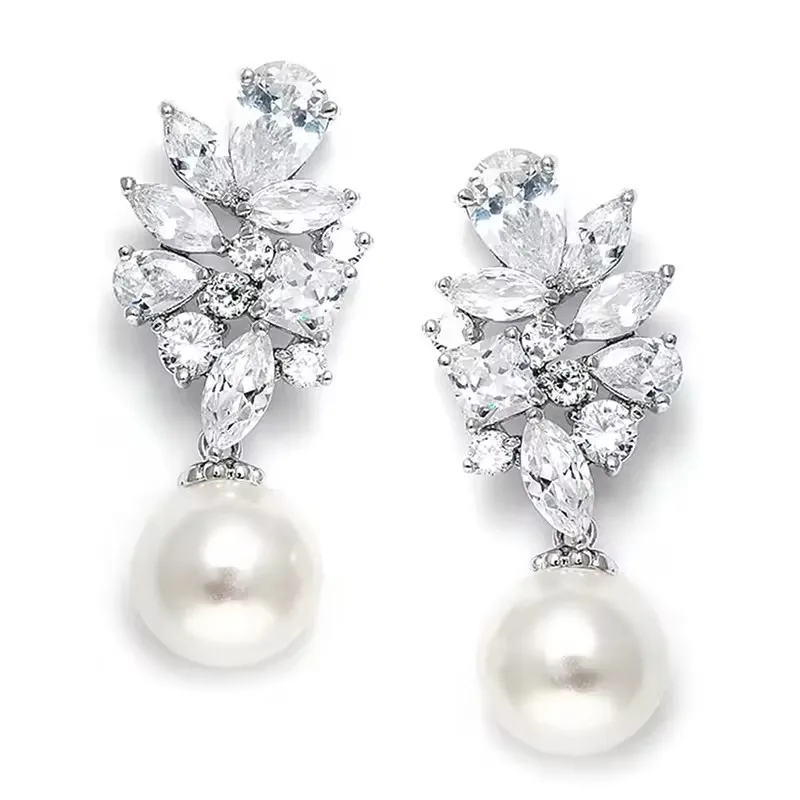 Fashion Luxury Lady Wedding Earrings Exquisite Simulated Pearl Pendant Jewelry Bright Zirconia Accessories for Engagement Party
