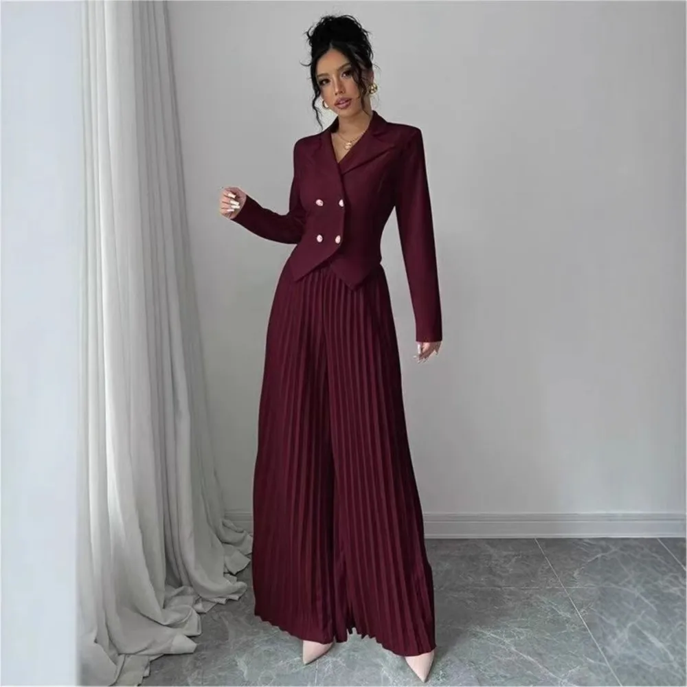 Fashion Pleated Trousers Two-piece Women's Suit Short Top Suit Spring Autumn New Elegant Female Slim Office Trousers Suit 2026