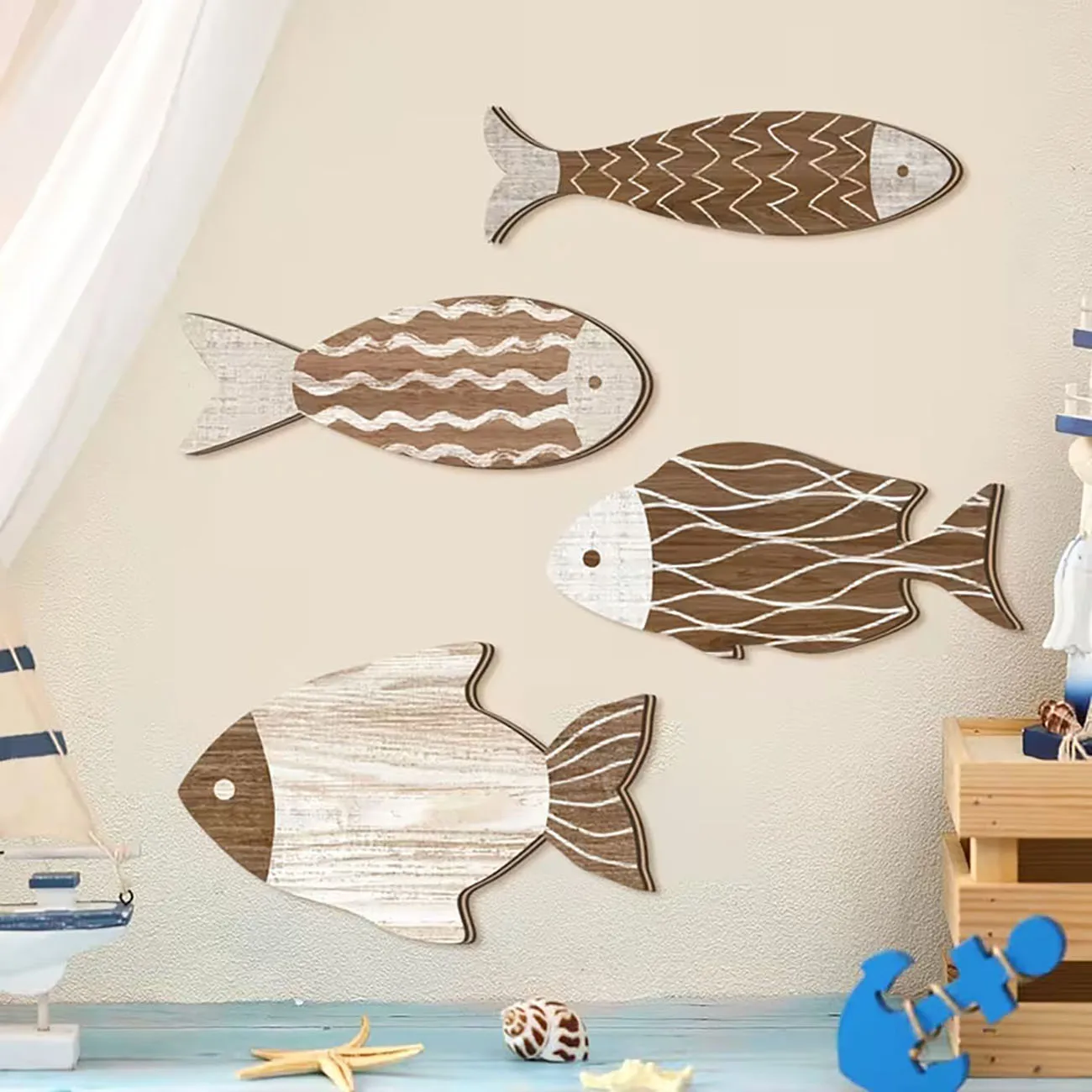 Rustic Wood Fish Wall Art, 4 Pack Nautical Decor with Nano Adhesive Strips