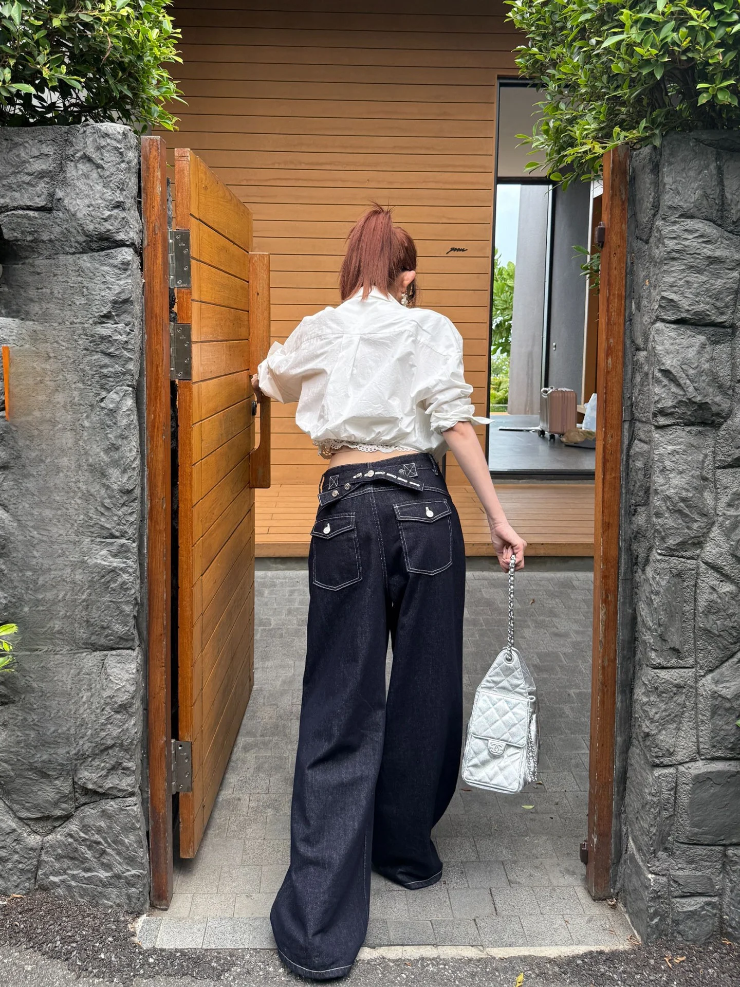 

Lililiwj Original Design Heavyweight Casual Denim Jeans Paris Buckle Adjustable Buckle Cotton 85% Women's Wide Leg Pants