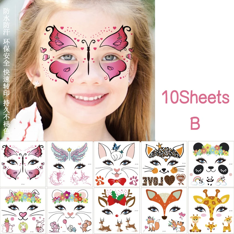 Kids Cartoon Dierlijke Stijl Gezicht Tattoo Tijdelijke Waterdichte Body Art Sticker Wegwerp Make-Up Bloem Vlinder Eenhoorn