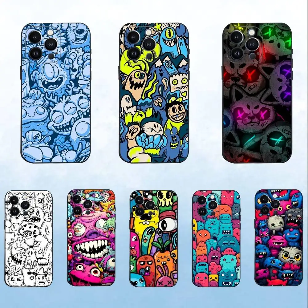 

Creative Cartoon Graffiti Phone Case For iPhone 16,15,14,13,12,11 Plus,Pro Max,XS,X,XR,SE,Mini,8,7,Soft Silicone Black Cover