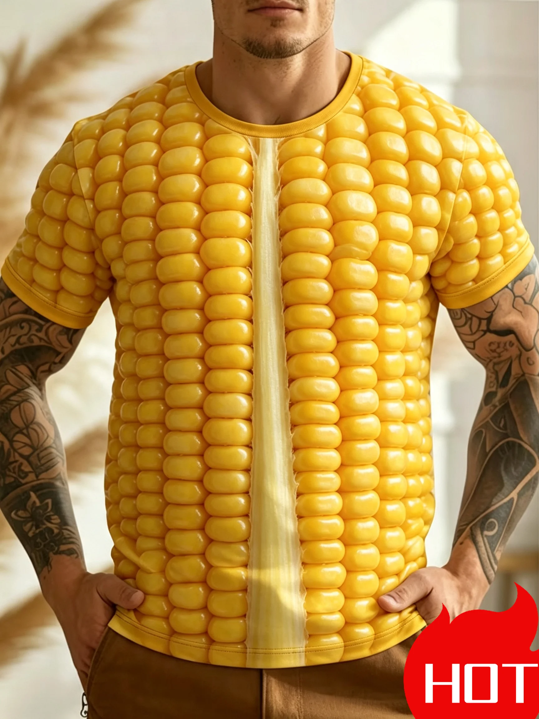 Men's Yellow Corn Korean Lettuce T-Shirt 3D Printed Short Sleeve Vegetable Fruit Breathable Round Sleeve Casual T Shirt for Man