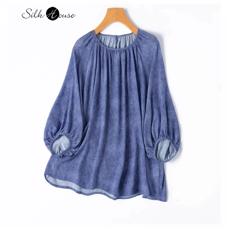 

Cool Denim Texture 100% Natural Mulberry Silk Crepe De Chine Large Round Neck Three-quarters Lantern Sleeve Loose Casual T-shirt