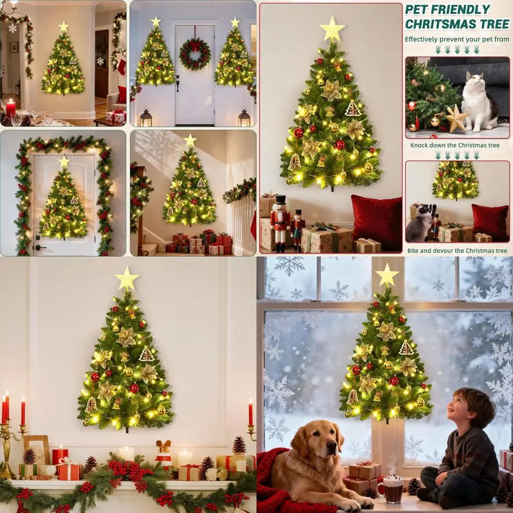 

3-Foot Tall Dark Green Half Christmas Tree Wall Decor with Lights, Ornaments, and Hooks for Window or Door