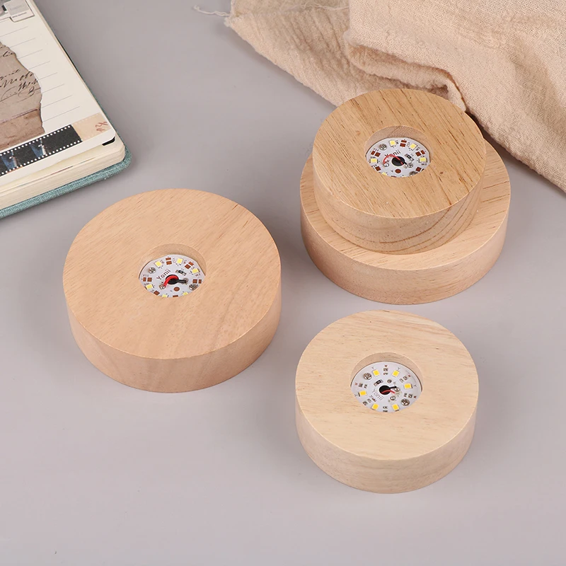 8/10cm Battery Operated Round Wooden LED Light Dispaly Base Stand Holder Table Night Lamp Base Crystal Glass Art Ornaments