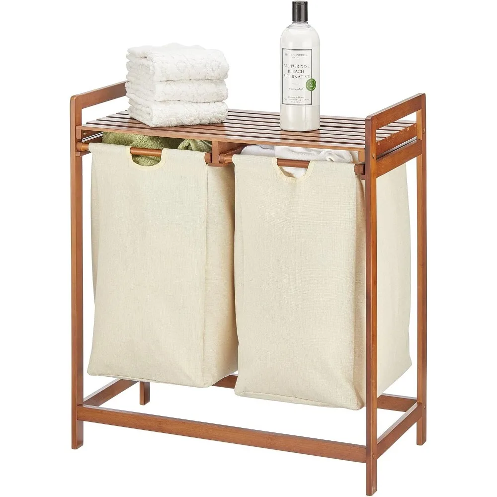 Freestanding Bamboo 2 Section Double Laundry Organizer Hamper with Removable Storage Sorter Bags, Space-Saving Basket