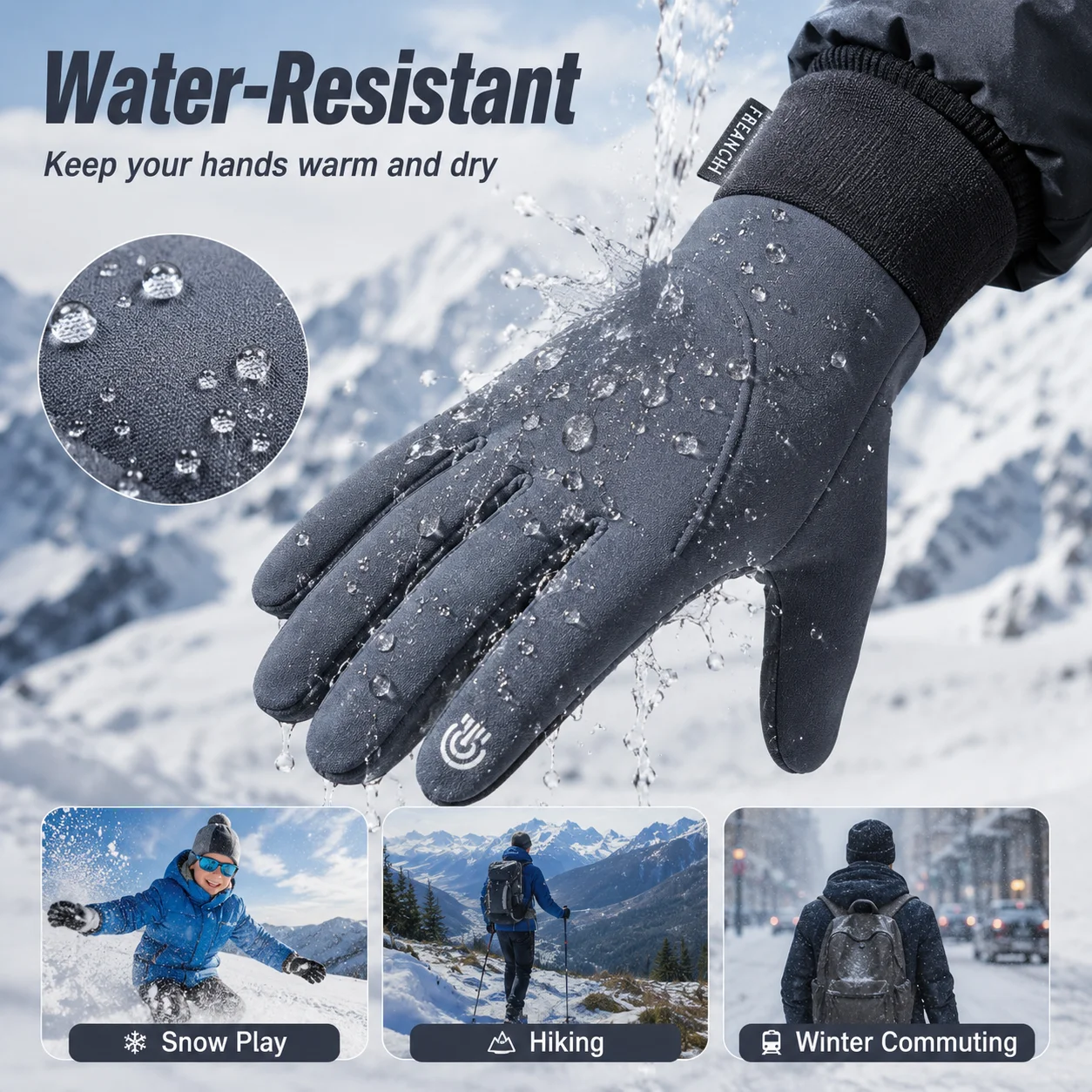 Graue Winterhandschuhe Touchscreen-fähig Warm Rutschfest Wasserdicht Winddicht Outdoor-Handschuhe für Radfahren Laufen Wandern – Detail 7
