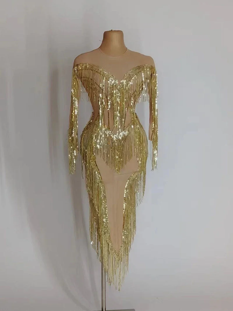 Vestido dorado con flecos para mujer, traje de Drag Queen, club nocturno, Bar, Gogo, Ropa de baile, fiesta, banquete, vestidos de noche, traje Rave