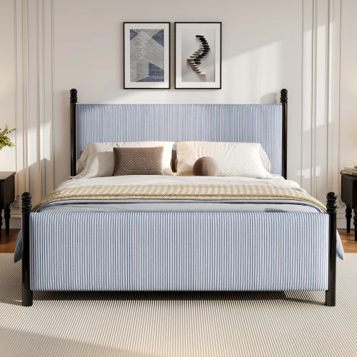 # Convertible Upholstered Bed With Fabric & Rubber Wood Frame Black + Blue White Stripes