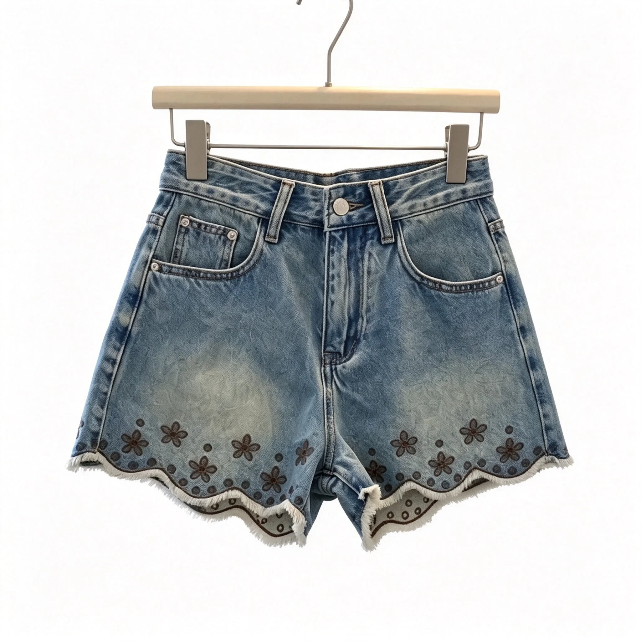Summer Retro Wash Embroidery Floral Stitched Wave Edge Denim Shorts, Loose Fit  Summer Casual A-Line Denim Hot Pants