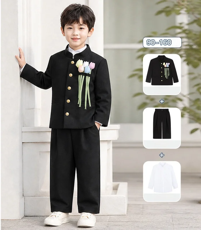 Children's New Chinese Style Suit Set Kids Spring Autumn Tunic Suit First Birthday Flower Boys Performance Costume