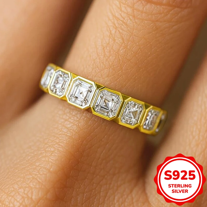 Classic 18K gold genuine S925 sterling silver square full diamond couple ring ladies engagement gift jewelry wholesale