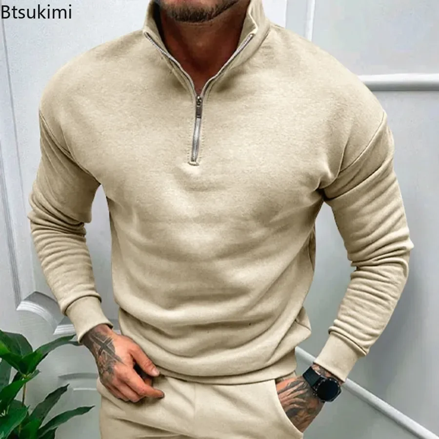 

2025 New Men's Thicker Fleece Hoodies Fashion Stand Collar Half Zipper Pullover Tops for Men Autumn Winter Solid Warm Sweatshirt