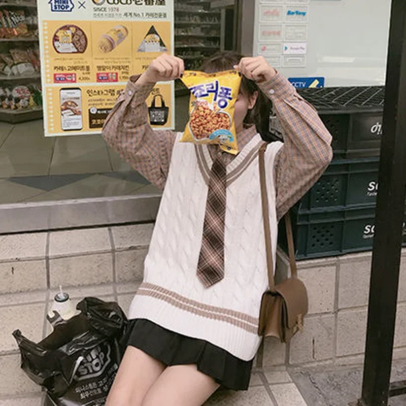 

Sweater Vest Women Knitted Fall Preppy Casual Loose Ladies Kawaii All-match V-Neck Daily Jumpers Vintage Stylish Patchwork Chic