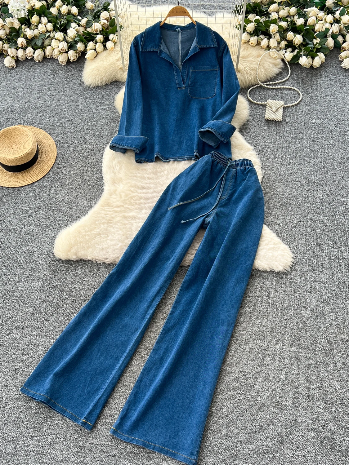 

Длинный джинсовый топ с воротником в стиле ретро, высокая талия, широкие брюки прямого кроя, повседневный осенний комплект Faion для молодых женщин