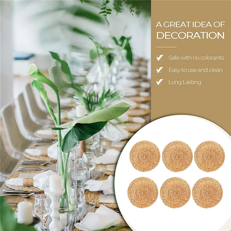 Round Woven Placemats, Natural Water Hyacinth Placemats, Wicker Placemats, Braided Straw Rattan Table Mats 6Pack