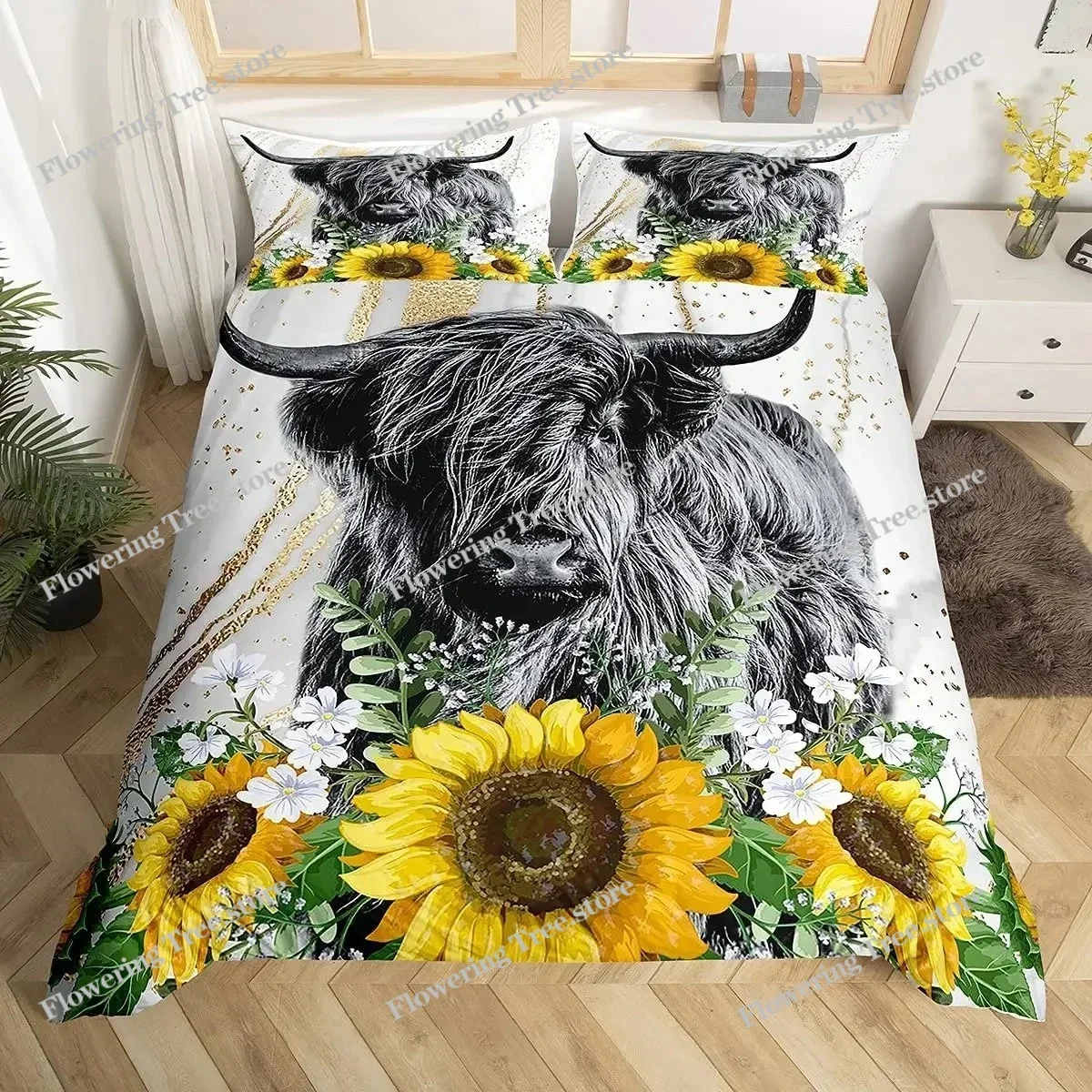 Highland Cattle Floral Cow Yellow Sunflower Animal Bedding Set Boys Girls Twin Queen Size Duvet Cover Pillowcase Bed Kids Adult