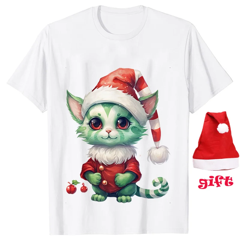 Women's T-shirts Cute Cat Print Party Tees with Christmas Hats Gift Casual Female Clothing Harajuku Y2K Hip Hop Xmas Tops