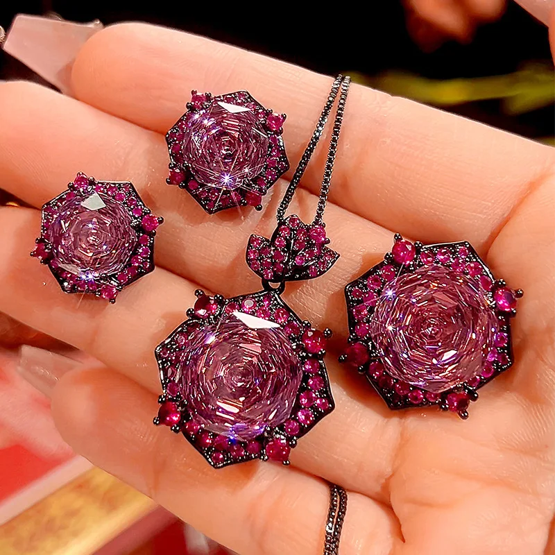 

Gold-plated jewelry with millennium cut dry rose, light luxury set, main stone 14-10mm