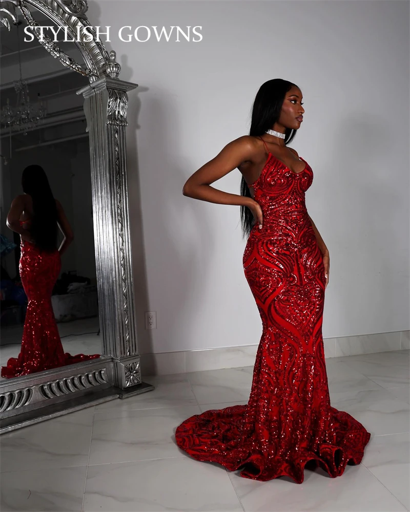 African Black Girl Prom Dress Sparkly Sequined Mermaid Formal Gown Evening Gowns Red Luxury Dresses Birthday Party Customized