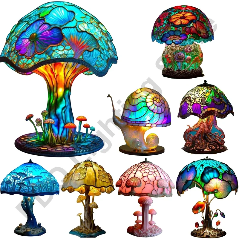 Creative Stained Plant Series Table Lamps Resin Colorful Bedroom Bedside Flower Mushroom Retro Table Night Lamp Atmosphere Light