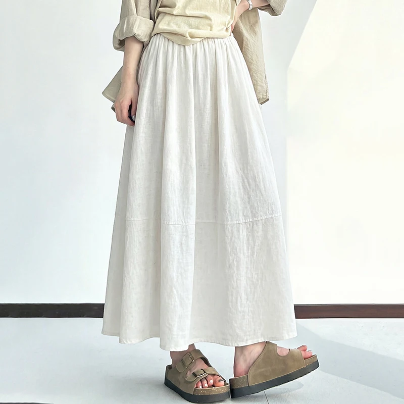 Japanese Style Cotton Linen Maxi Skirts for Women Summer High Waist Pleated A-Line Skirt Loose Casual Minimalist Long Jupe Femme