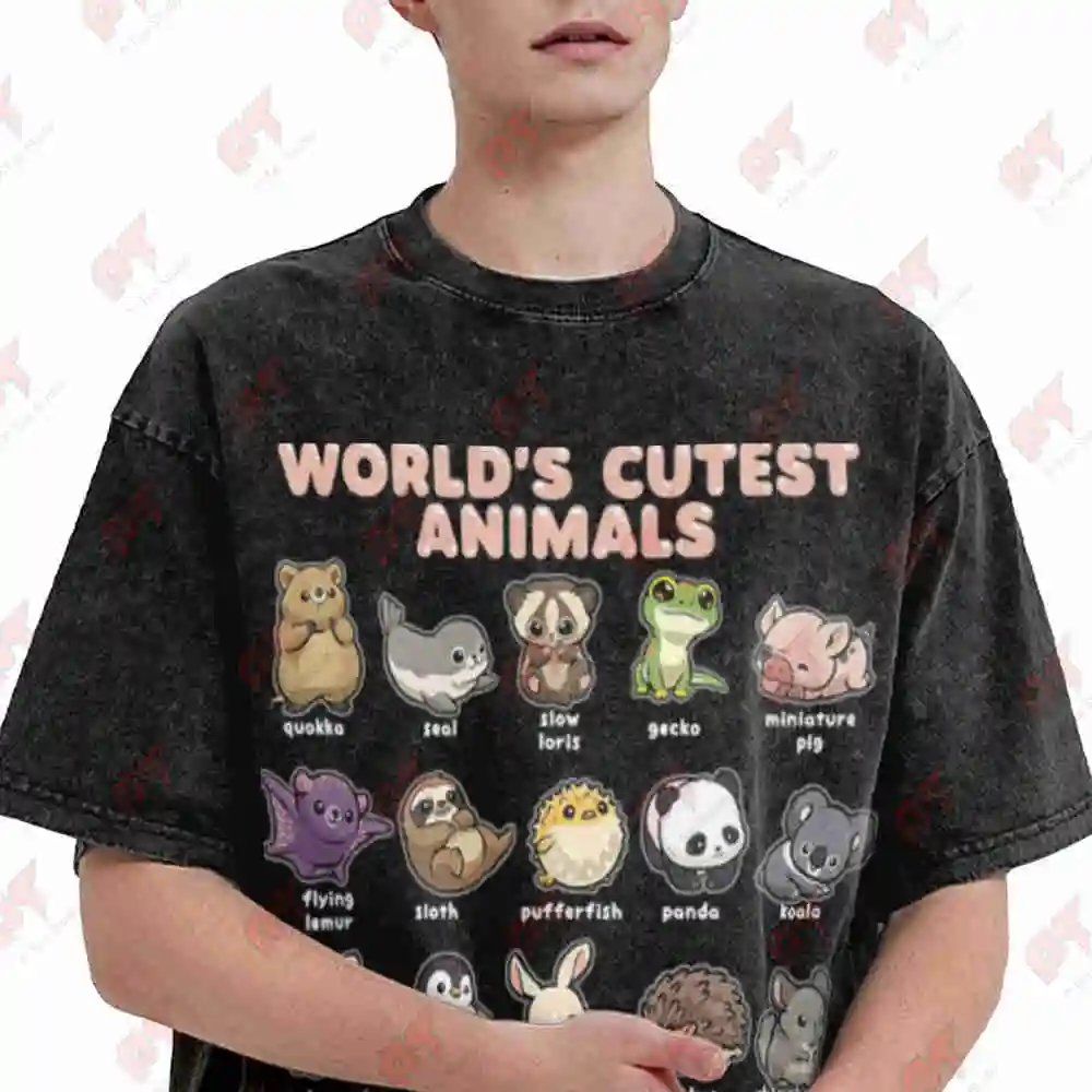 Quokka Panda Penguin Koala Sloth Cutest Animals Vintage Washed Tee Pure Cotton T-Shirt