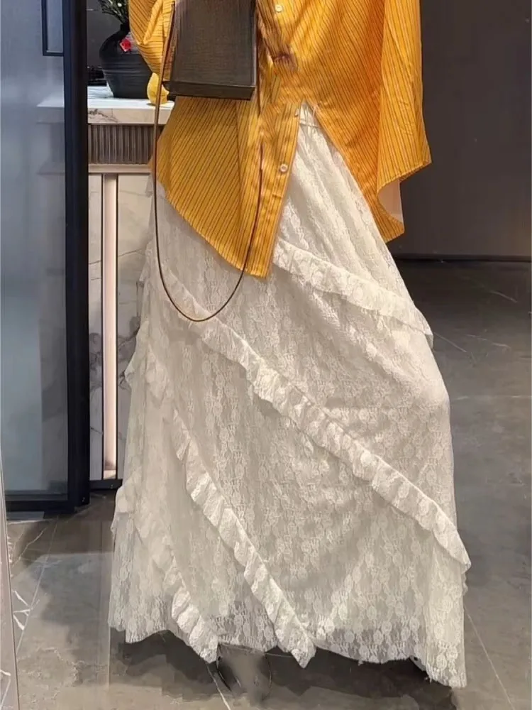 Lace Jacquard Skirt For Women High Waist Irregular Ruffled Elegant Jupe 2025 Faldas Mujer De Moda Fashion Sweet Summer Skirts