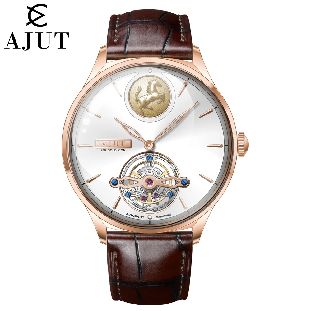 AJUT montre tourbillon hommes mouvement mécanique automatique montres saphir pour homme cadran blanc original reloj hombre luxe 0352