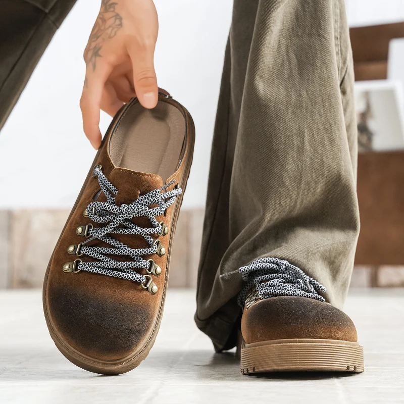 Spring and Autumn New Plus Size Men's Shoes High Quality Suede Leather Casual Half Slippers Comfortable Thick Bottom Boken Shoes