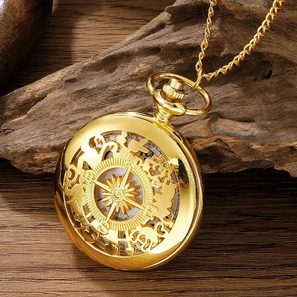 Clamshell Compass Pocket Watch Fashion Punk Glass Clock Chain Alloy Gold Case Necklace Pendant