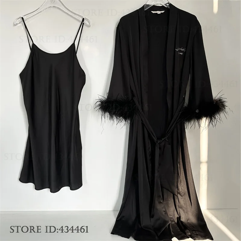 ensemble-de-robe-twinset-de-luxe-avec-plumes-robe-kimono-longue-en-satin-de-soie-sexy-vetements-de-maison-peignoir-d'ete-nouvelle-chemise-de-nuit-pour-femmes