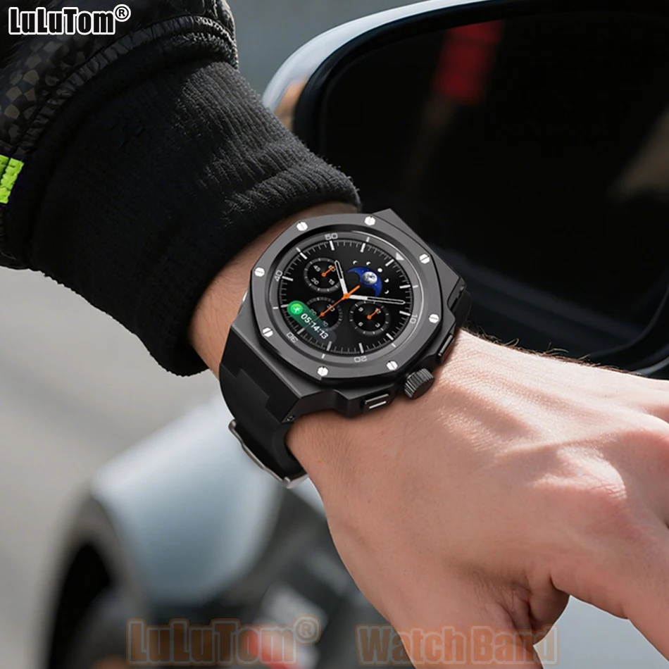 Funda de aluminio de lujo con correa para Samsung Watch 8 (40 mm/44 mm) y Classic (46 mm); carcasa protectora metálica resistente de estilo militar y correa táctica para hombre y mujer.