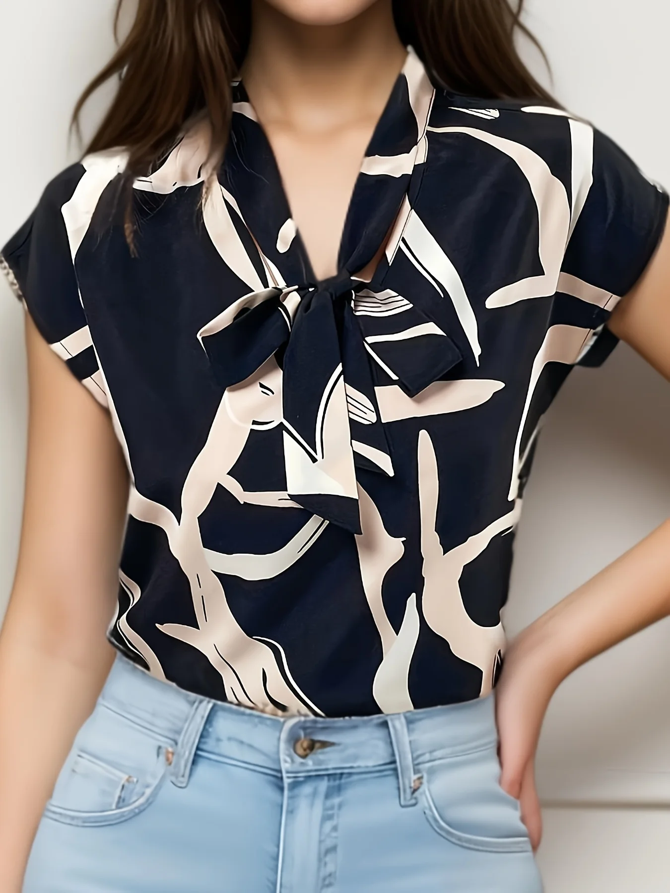 

Womens Dressy Tops Summer Blouses Bow Tie V Neck Tops Graphic Print Work Blouses Cap Sleeve Silk Shirts Tie Neck Sleeve Blouse