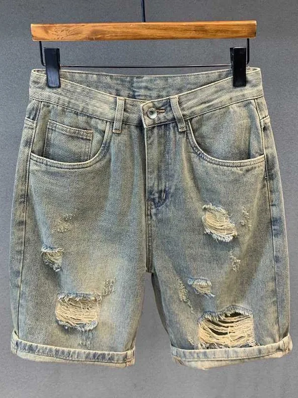 

Retro American Washed Distressed Denim Short Pants Men's Summer Loose Straight Cut Five Parts Middle Pants Men's Casual Wear