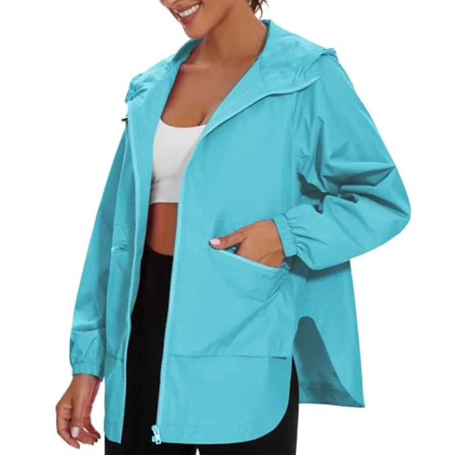 

PESION Womens Waterproof Raincoat Lightweight Rain Jacket Trench Coat Hooded Windbreaker With Pockets for Outdoor