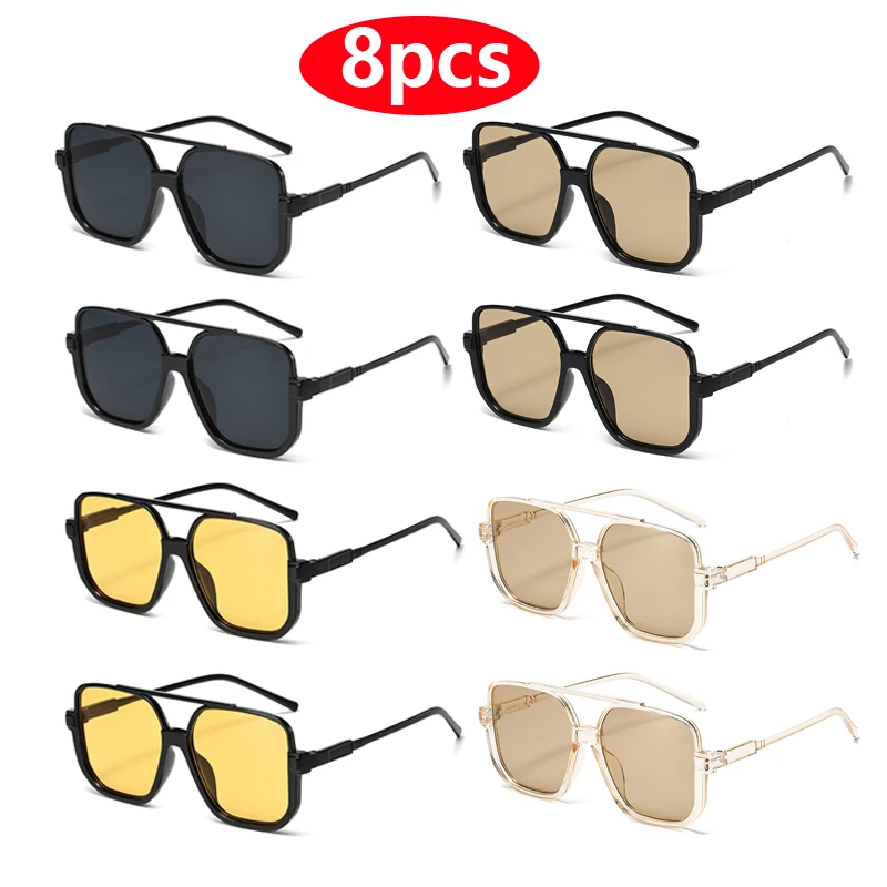 

8pcs Sets Punk Square Frame Sunglasses Women Travel Rectangle Retro Brand Sun Glasses Men Beach Eyeglasses Black Shades Glasses