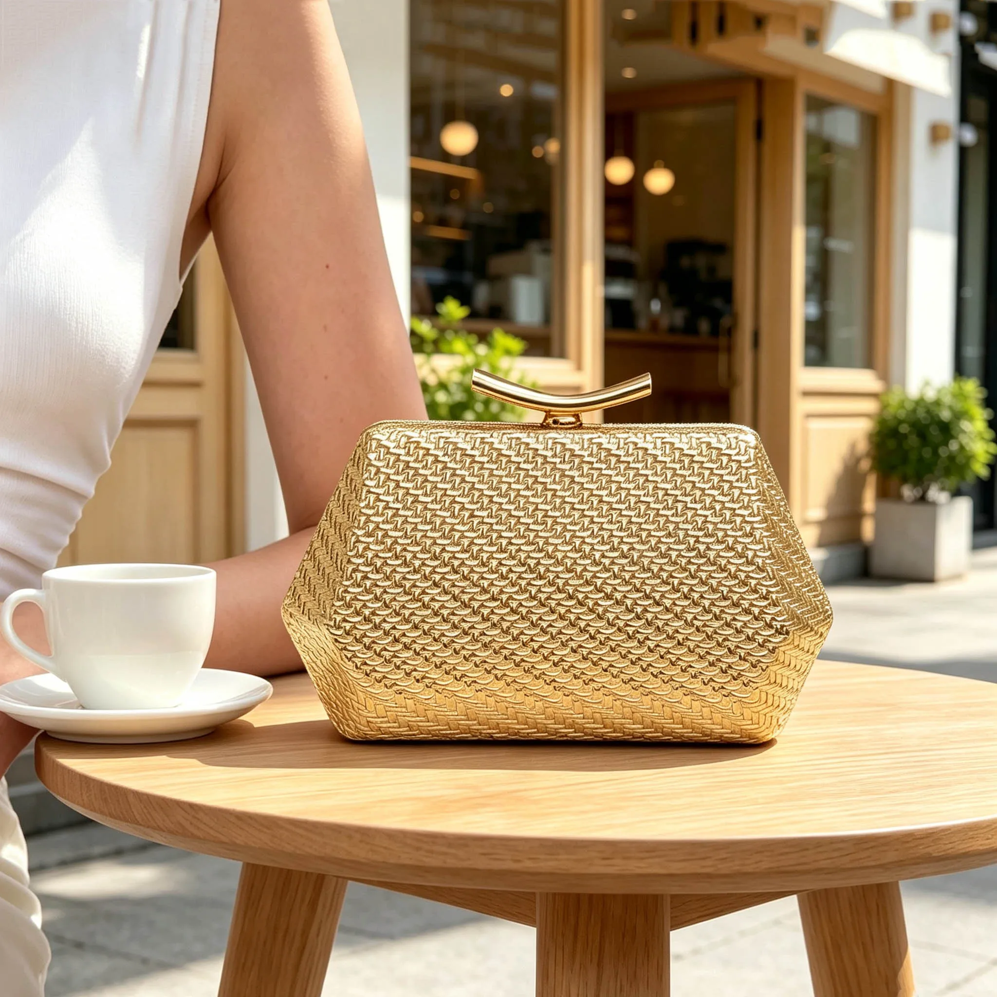 Stilvolle und elegante gewebte Abendclutch, luxuriöse Designer-Schultertasche mit Kette, minimalistische Damenhandtasche, Hochzeits-Abendclutch, Partytasche – Detail 7